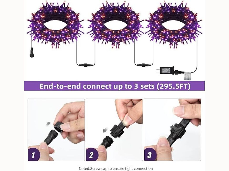 98.5FT Halloween String Lights – 300 LED Plug-In Waterproof with 8 Modes in Purple & Orange for Indoor/Outdoor Party Decor