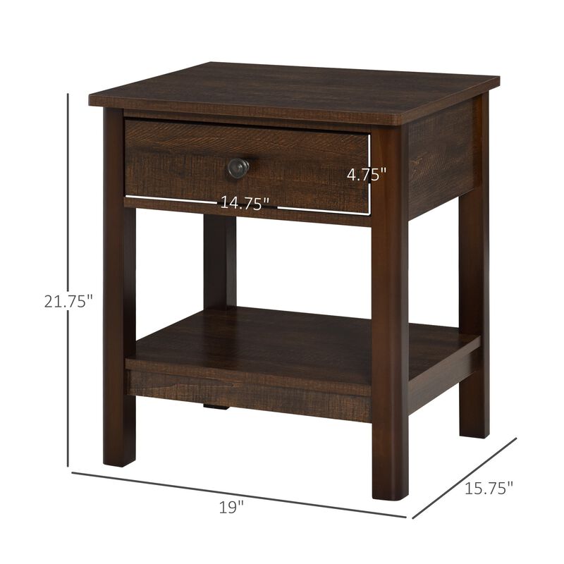 Dark Brown Nightstand: Compact Bedside Table with Drawer and Shelves