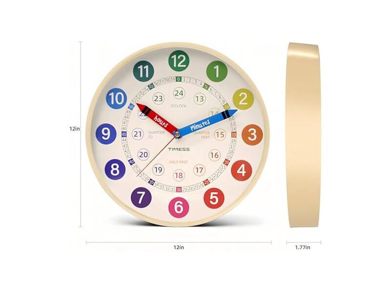 Learning Tell Time Colorful Teaching Wall Clock 12 Inch Silent Non Ticking image number 1