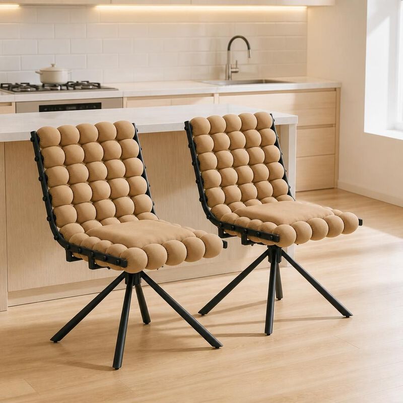 GOODSILO Set of Two Modern Tufted Puffy Bubble Velvet Dining Accent Swivel Chairs with Metal Legs for Dining Room and Kitchen image number 2