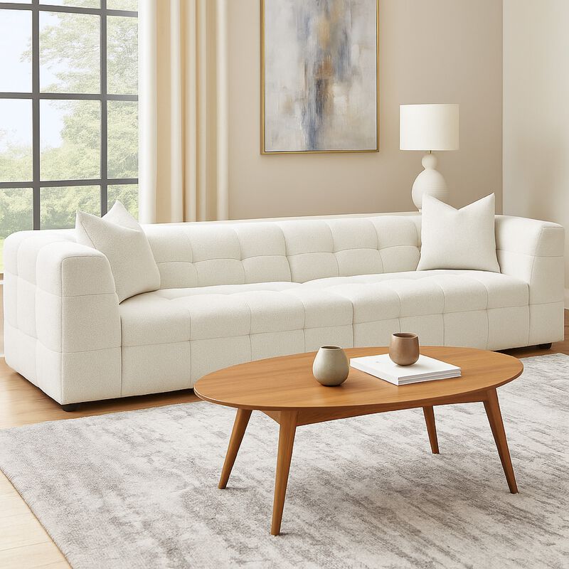 Lopo 114 Inch Long Sofa, Grid Tufted Off White Fabric 2 Accent Pillows