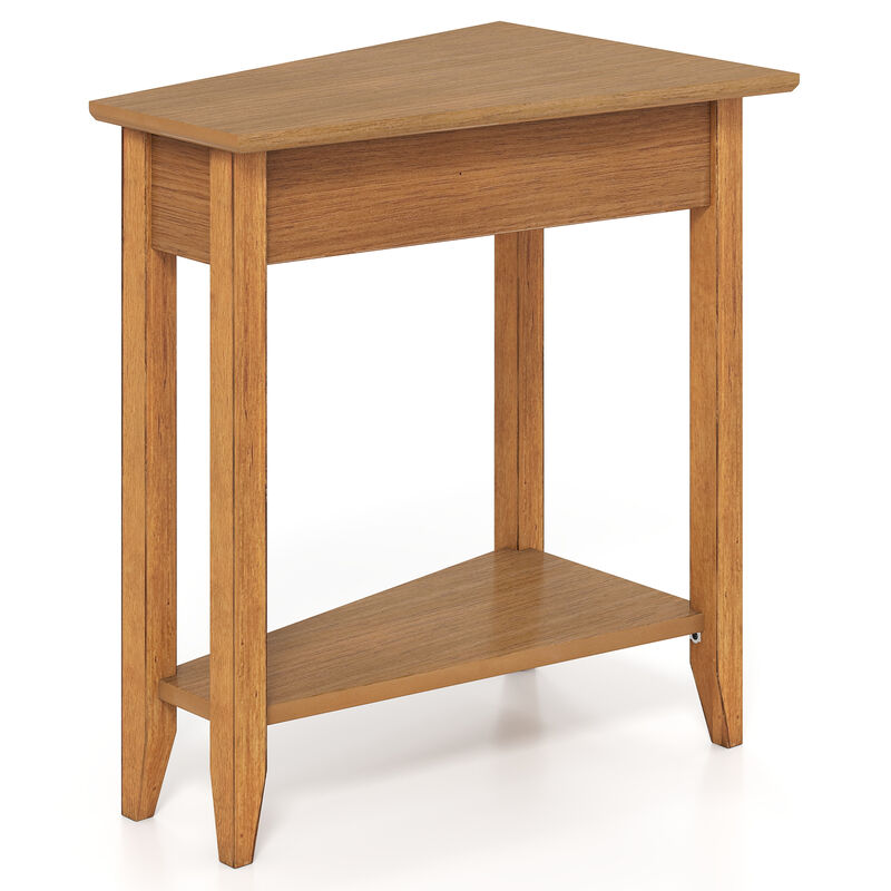 2-Tier Wedge End Table with Storage Shelf and Solid Wood Legs for Small Spaces