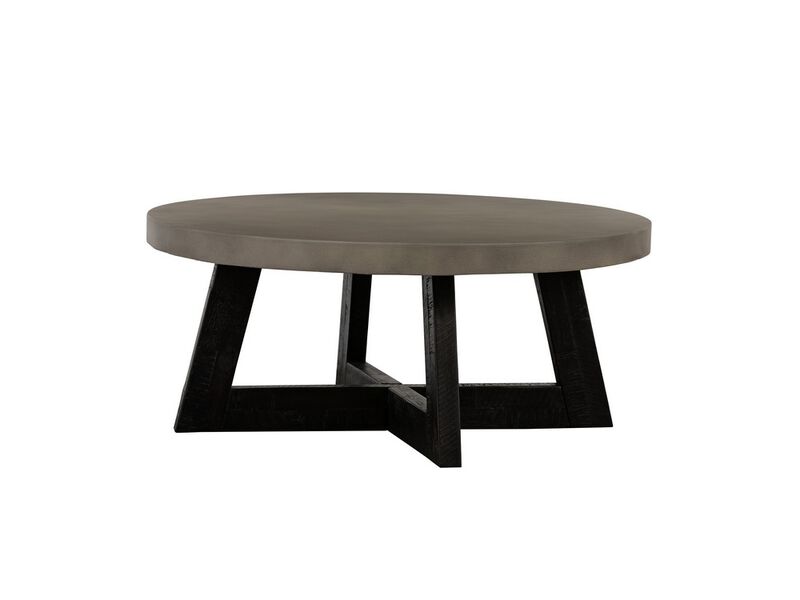 Concrete Round Top Coffee Table with X Shaped Base, Gray - Benzara