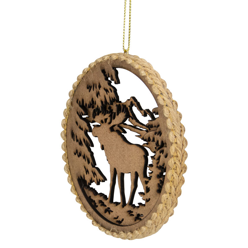 4.25 in Moose with Forest Trees Disk Christmas Ornament  Brown image number 4