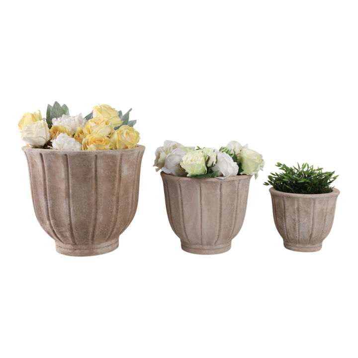 S/3 9/12/15" Terracotta Petal Planters, Antique Wh