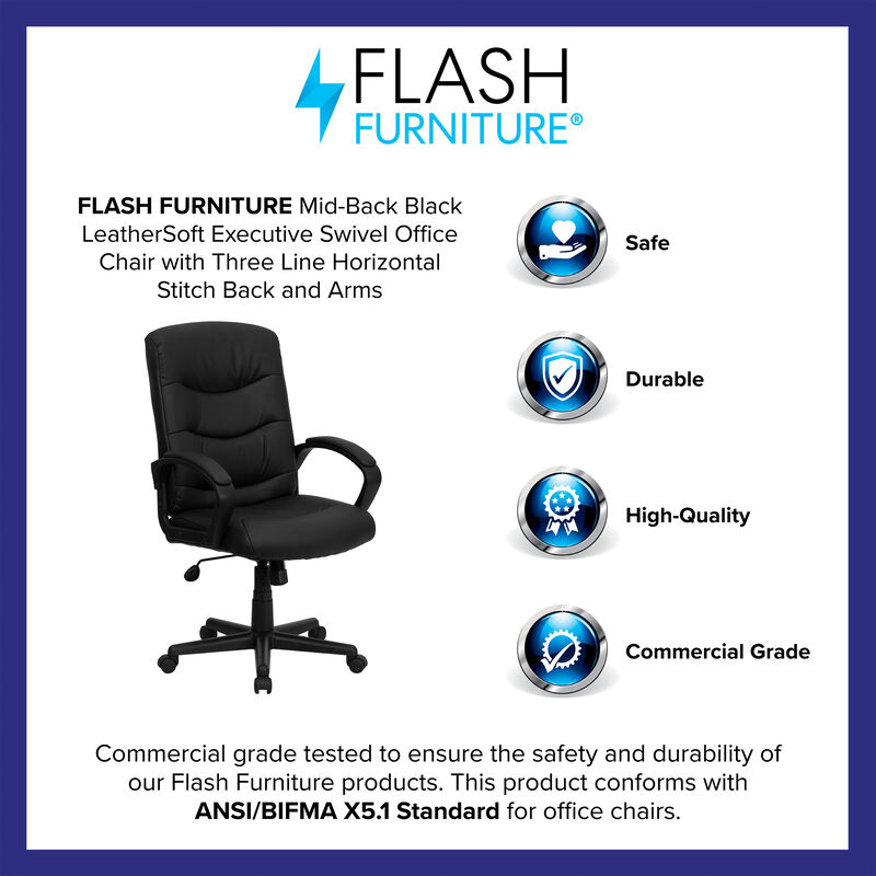 Chelsea Mid-Back Black LeatherSoft Executive Swivel Office Chair with Three Line Horizontal Stitch Back and Arms image number 3
