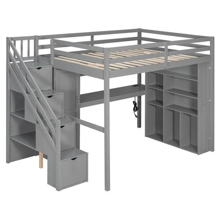 Merax Full Size All-in-One Loft Bed with Wardrobe, Desk & LED Lights