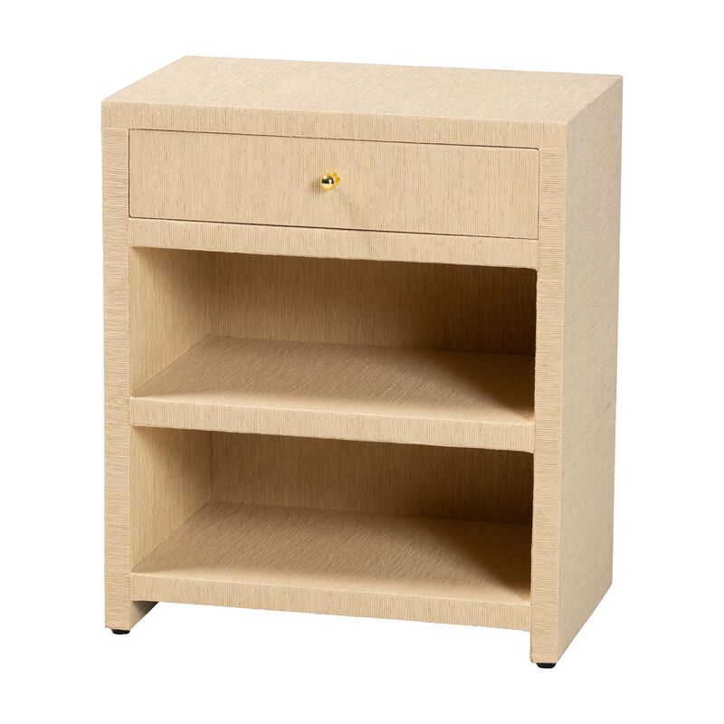bali & pari William Grasscloth 1-Drawer Nightstand with Open Shelves - Woven Texture Bedside Table with Gold Knob, Modern Coastal Accent Table for Bedroom image number 0