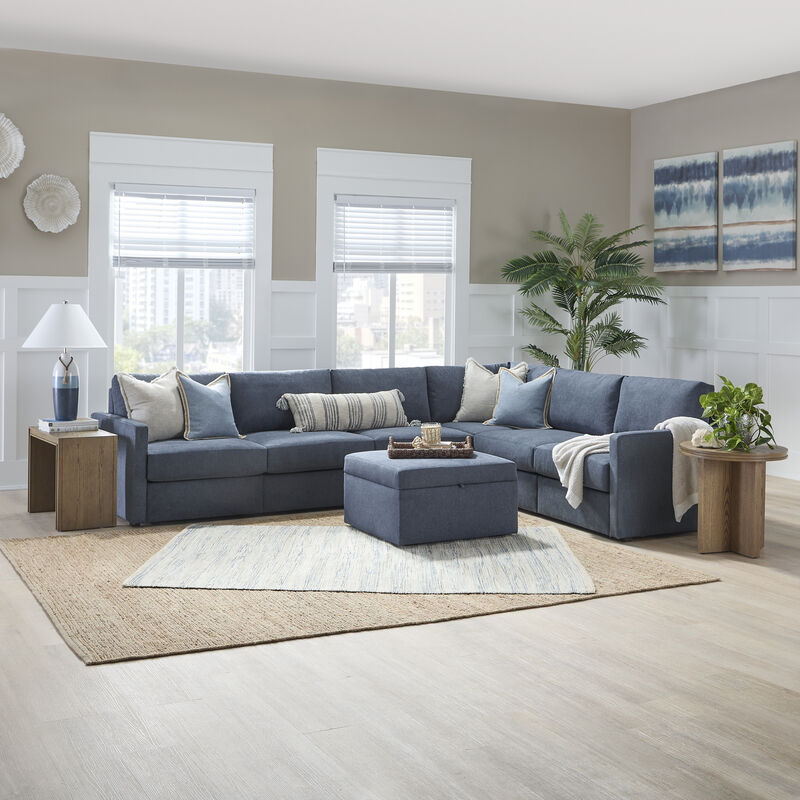 Flex Denim 6-Seat Sectional with Narrow Arm and Storage Ottoman