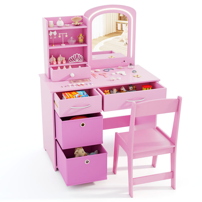 Lighted Mirror Kids Vanity Set with Makeup Desk, Chair, and Storage Drawers