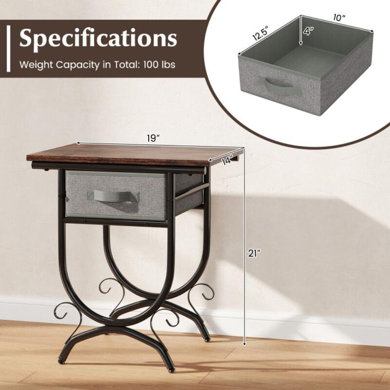 Hivvago Side Table with Fabric Drawer and Carved Metal Frame for Living Room