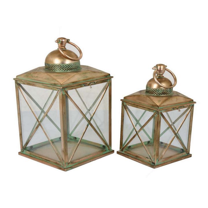 20 Inch Decorative Lantern Set of 2, Glass Panel, Cross Metal Frame, Gold - Benzara