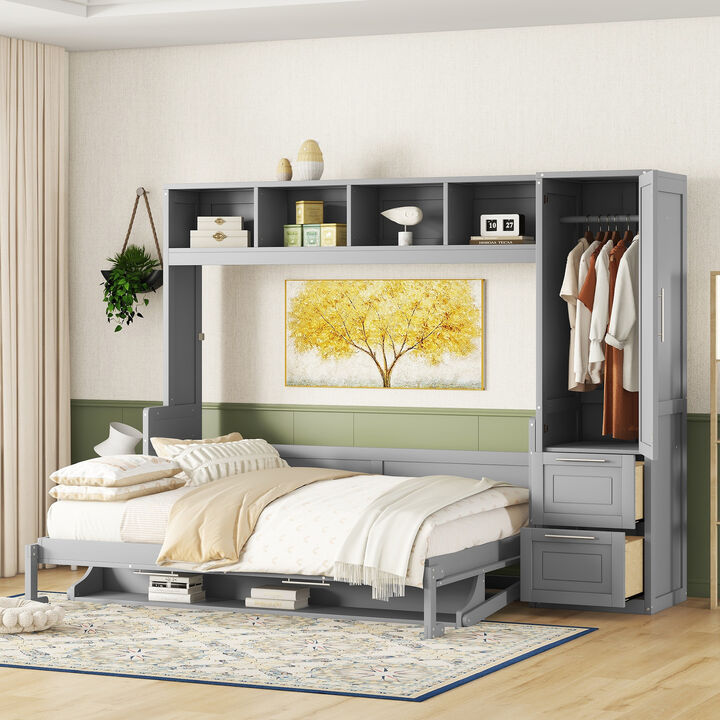 Whisen Modern Style Queen Size Murphy Bed Wall Bed with Closet and Drawers