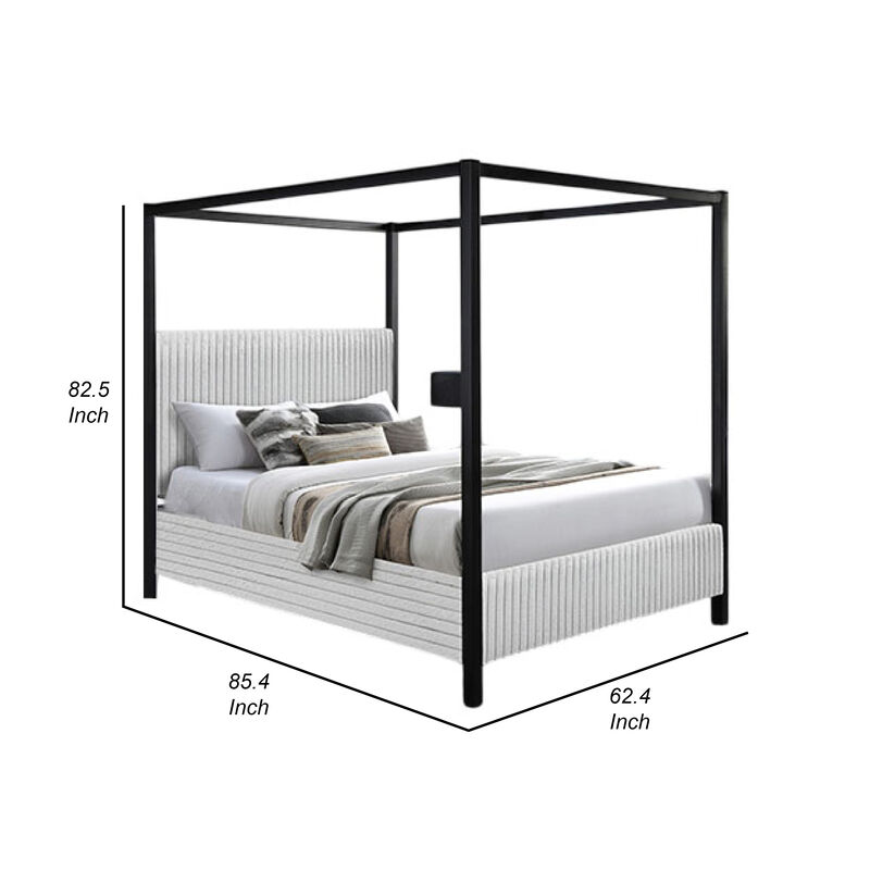 Keri Queen Canopy Bed, Black Slatted Wood Frame, White Upholstery