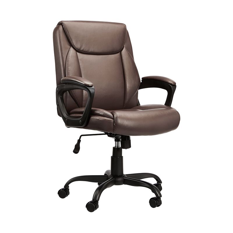 AmazonBasics Classic Puresoft PU-Padded Mid-Back Office Computer Desk Chair with Armrest - Brown