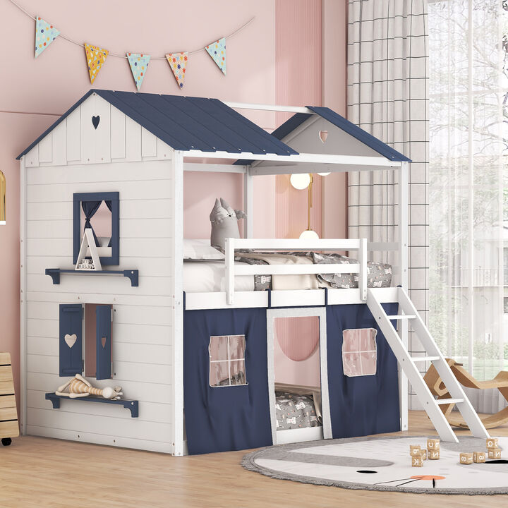 Whisen Full Size Bunk Bed with Tent, Windows & Slide, Solid Wood & MDF Castle House Design Lounge Bed for Kids Bedroom