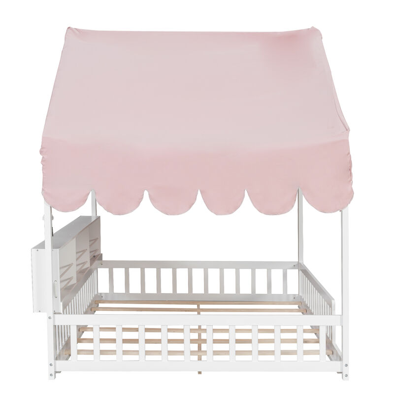 Merax Full Size Wooden Floor Bed,House-Shaped Daybed with Fense,3 Storage Bookshelves,Curtain and LED Light image number 6