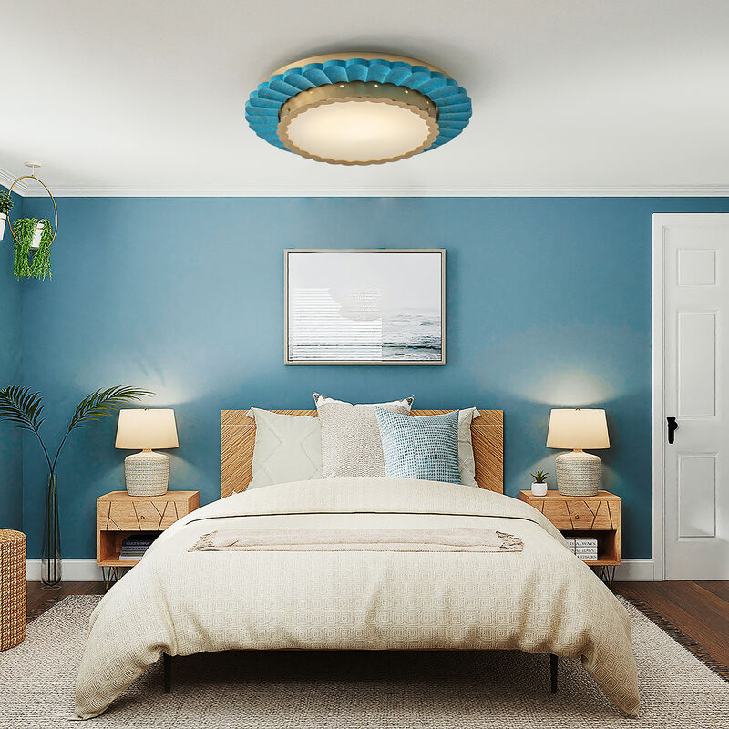 19.7" Coastal Gold Integrated LED Dimmable Flush Mount Ceiling Light with Teal Pleated Design for Bedroom, Dining Room or Entryway image number 3