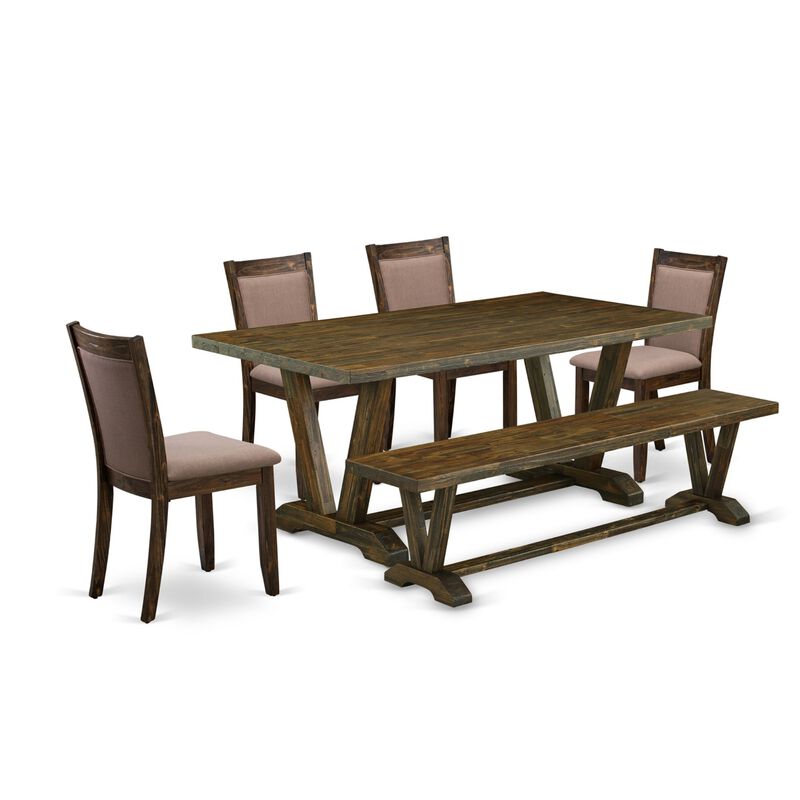 East West Furniture V777MZ748-6 6Pc Dining Set - Rectangular Table , 4 Parson Chairs and a Bench - Multi-Color Color