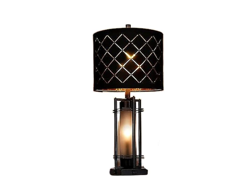 Modern Table Lamp Set 2 Nightstand Lamps Black Grid Shade Bedside USB Charging