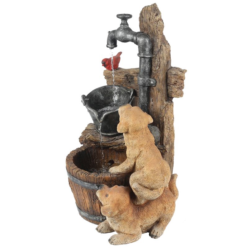 LuxenHome Resin Puppies and Water Pump Outdoor Patio Fountain with LED Light