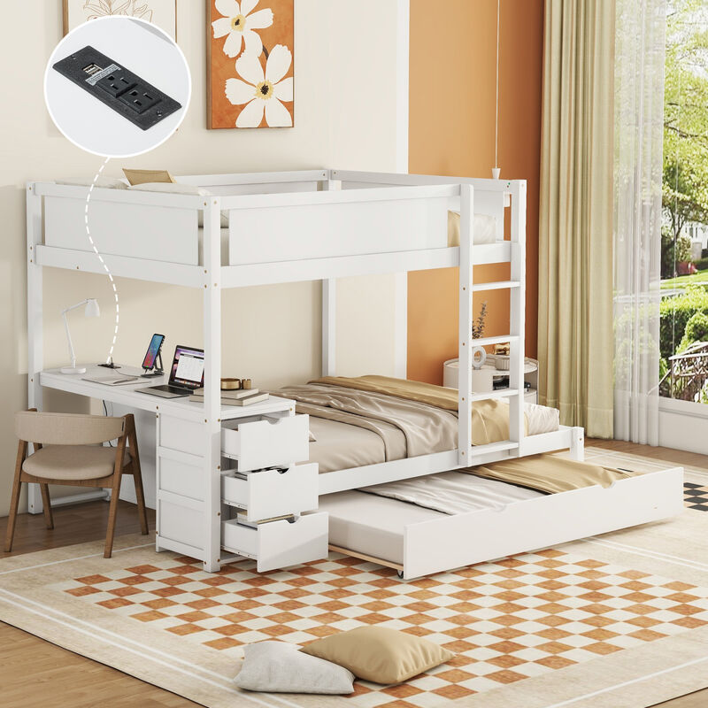 Whisen Full-Over-Full Bunk Bed with Trundle Desk Drawers, Solid Wood for Bedroom Kids image number 3