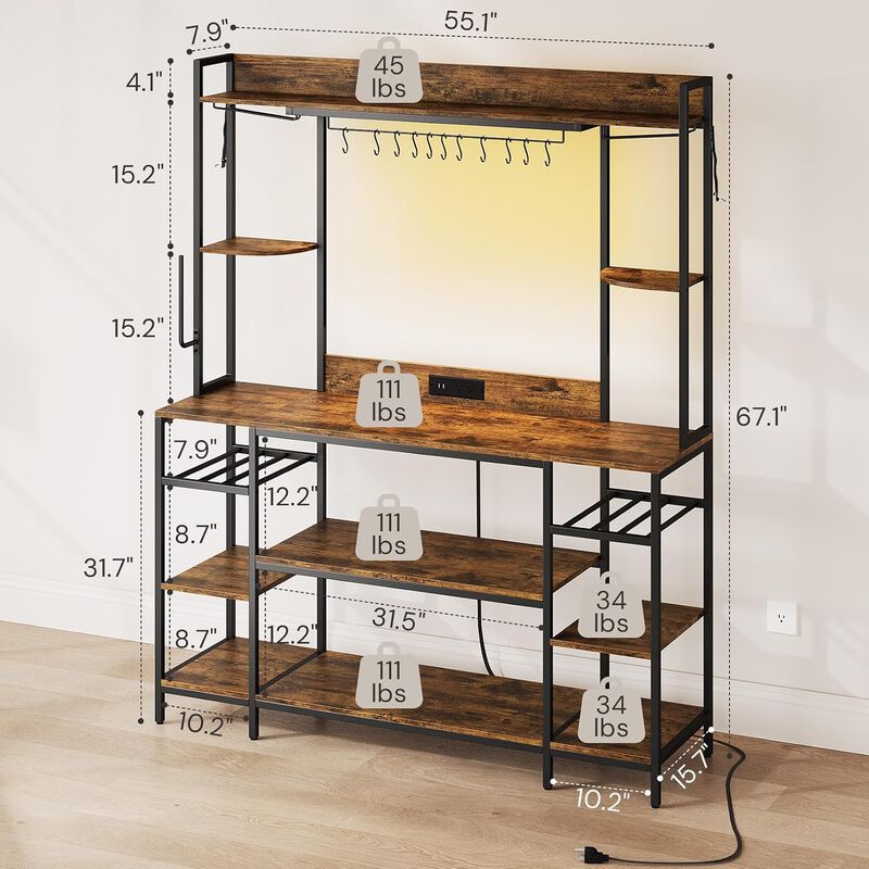 Large Bakers Rack with LED Lights & Power Outlet, 55" Wide Microwave Stand, 6-Tier Kitchen Racks and Shelves, Wine Glass Holder, 11 Hooks with App Control image number 2