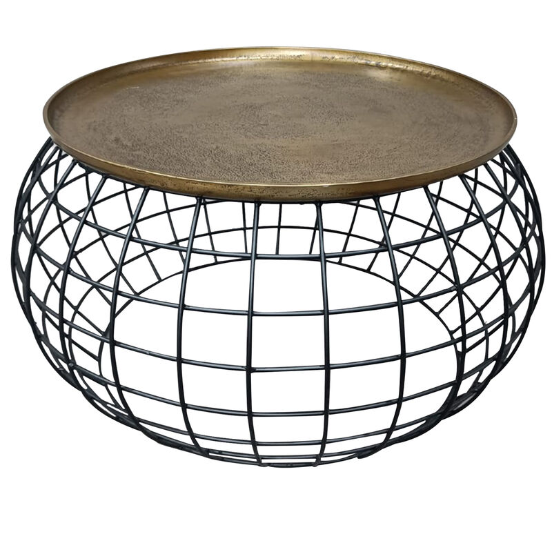 Milo 2-Piece Coffee Table and End Table Set - Round Antique Brass Tray Top with Curved Cage Design Black Iron Base