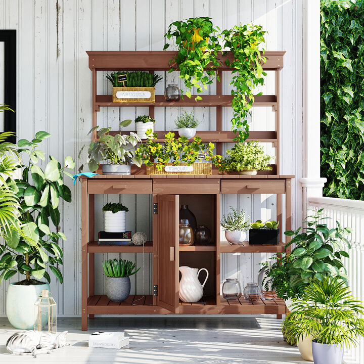Whisen 66" Solid Fir Wood Potting Table, Farmhouse Garden Workstation with 2 Drawers, Cabinet & Open Shelves