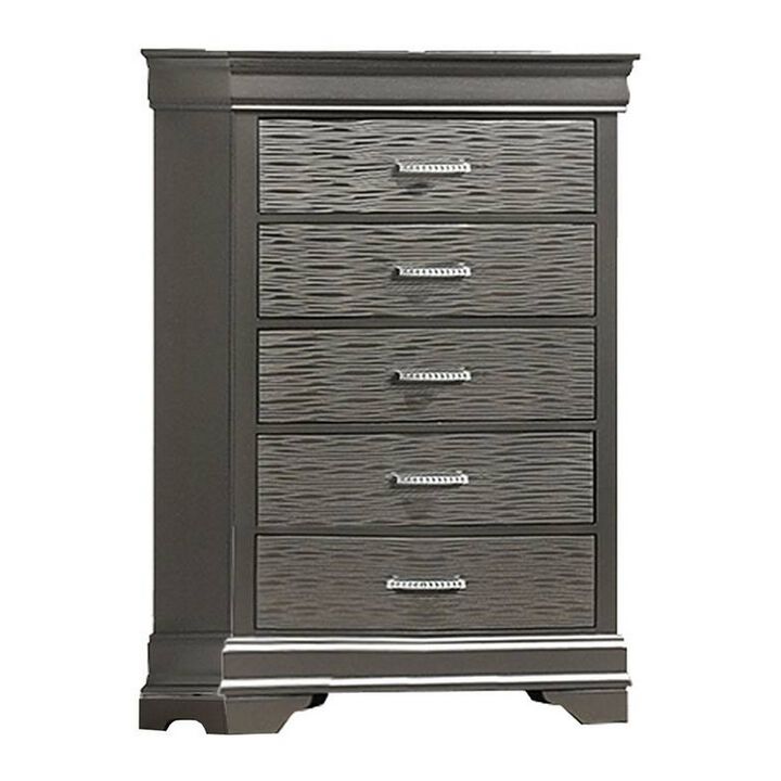 Jean Tall Dresser Chest, 5 Drawers, Chrome, Dark Gray Solid Wood - Benzara