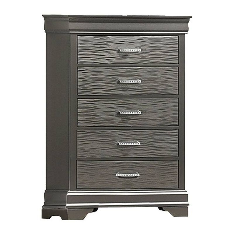 Jean Tall Dresser Chest, 5 Drawers, Chrome, Dark Gray Solid Wood - Benzara