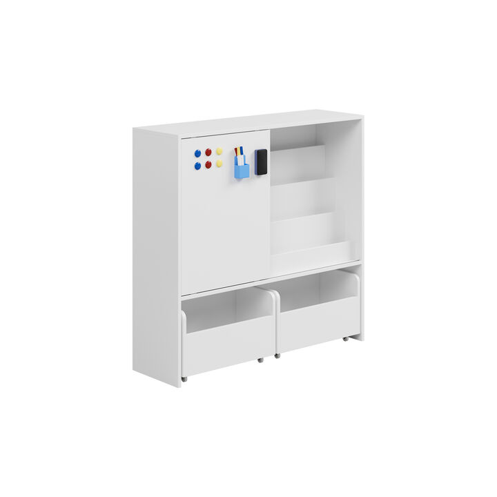 FUFU&GAGA Kids Bookcase with Sliding Magnetic Whiteboard Doors, 4-Tier Shelf and 2 Rolling Storage Bins, (39.4 in. W x 11.8 in. D x 38 in. H), White