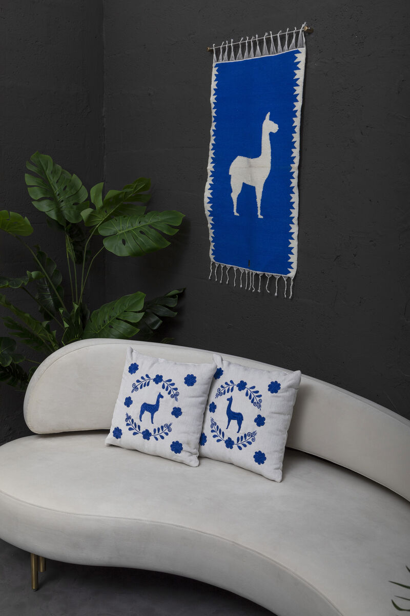 LLAMA Sheep Wool Handwoven Tapestry, Aged Bronze Wall Mount, Lapis Blue