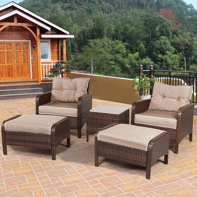 5-Piece Patio Rattan Sofa and Ottoman Set with Cushions, Stylish Outdoor Furniture