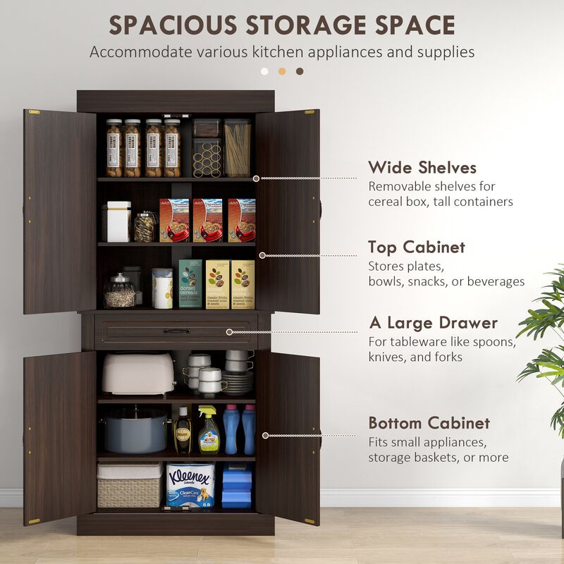 71" Freestanding Kitchen Pantry with 4 Doors and 2 Large Cabinets, Tall Storage Cabinet with Drawer, Coffee