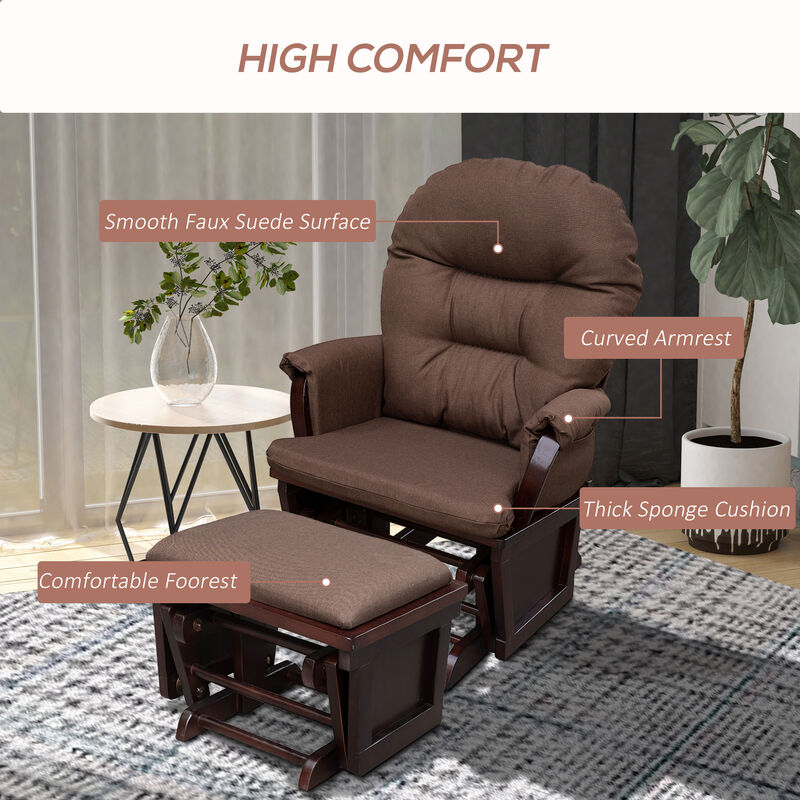 HOMCOM Nursery Glider Rocking Chair with Ottoman, Thick Padded Cushion Seating and Wood Base, Brown