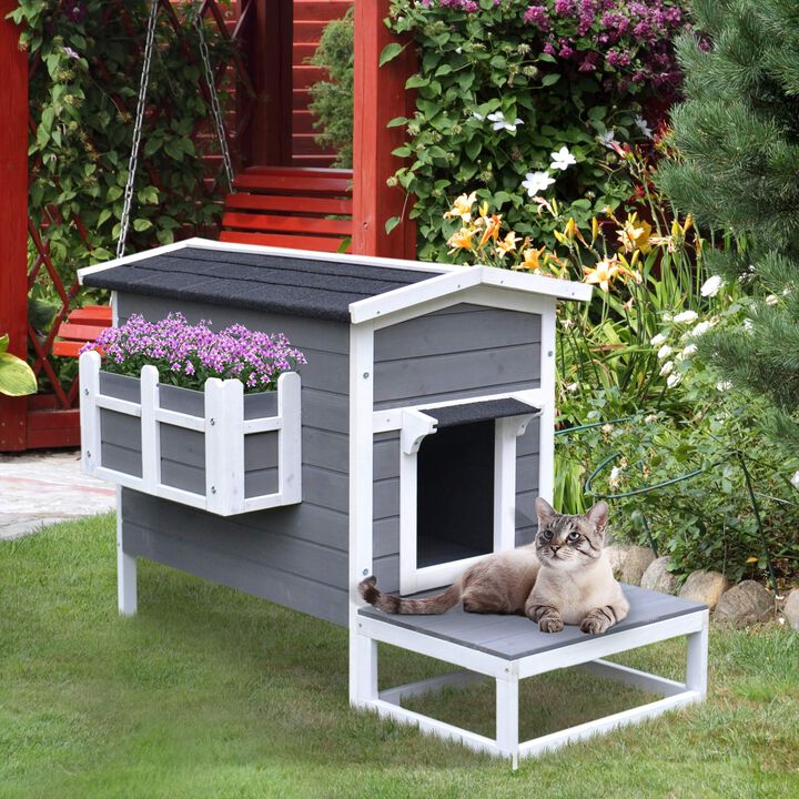 Feline Safe Haven: Dark Grey/White Outdoor Cat House with Escape Door