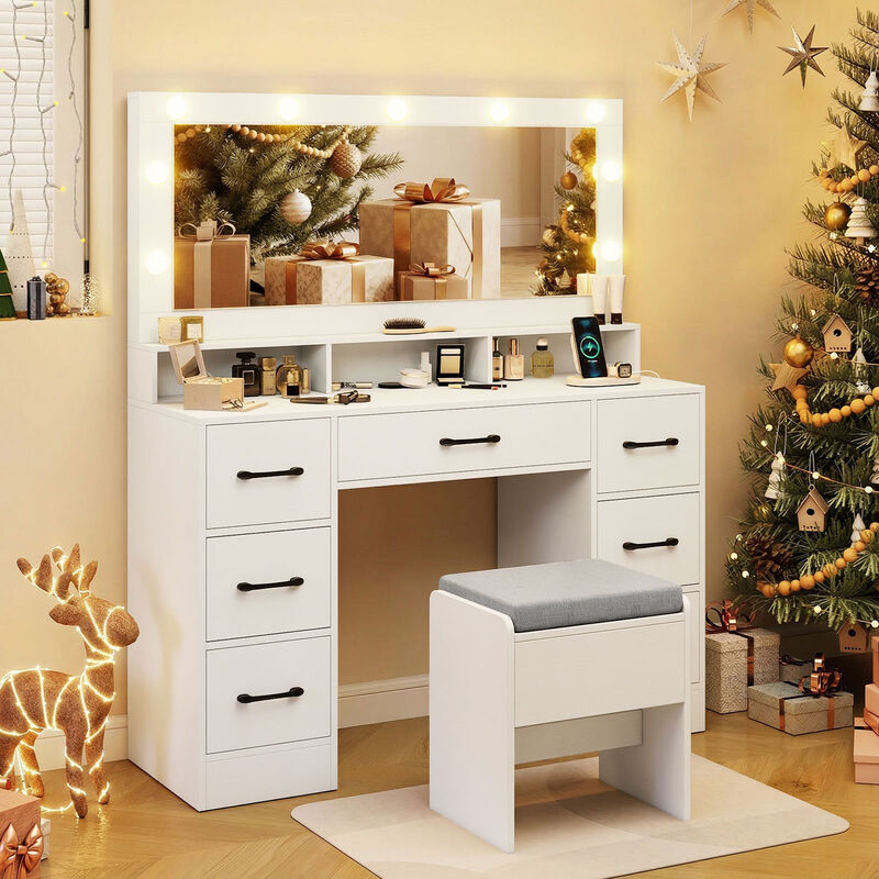 Makeup Vanity Desk with Mirror, LED Lights, and Built-In Power Outlets image number 1