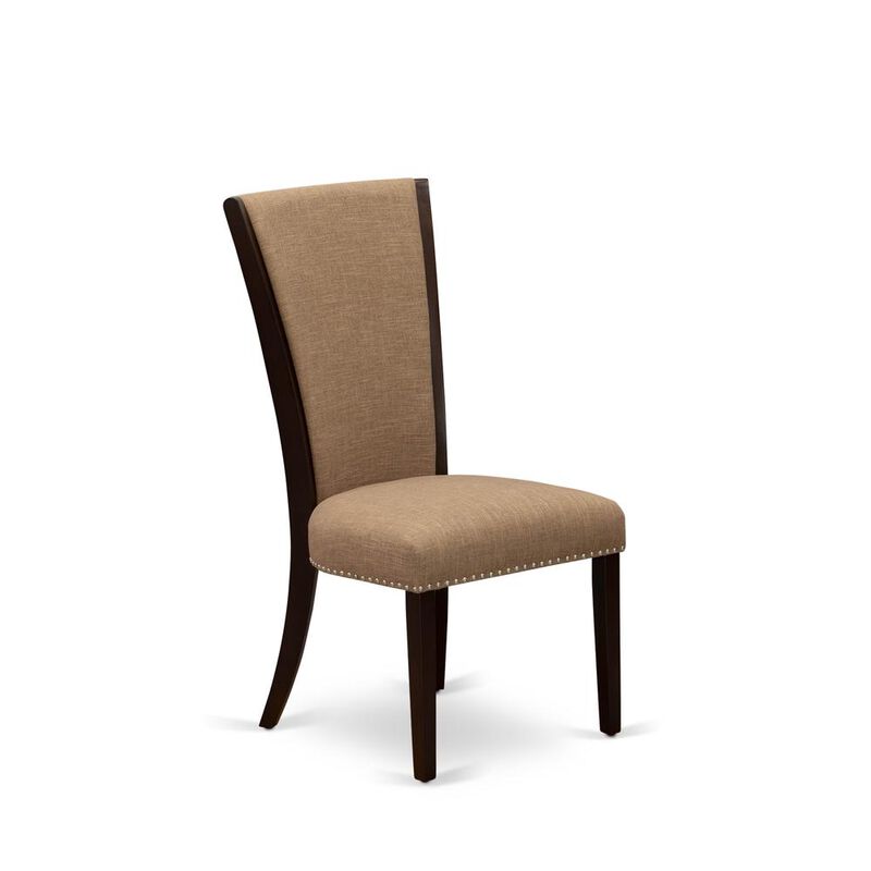 East West Furniture - Set of 2 - Upholstered Dining Chair- Wooden Chairs Includes Mahogany Solid Wood Structure with Light Sable Linen Fabric Seat with Nail Head and Stylish Back