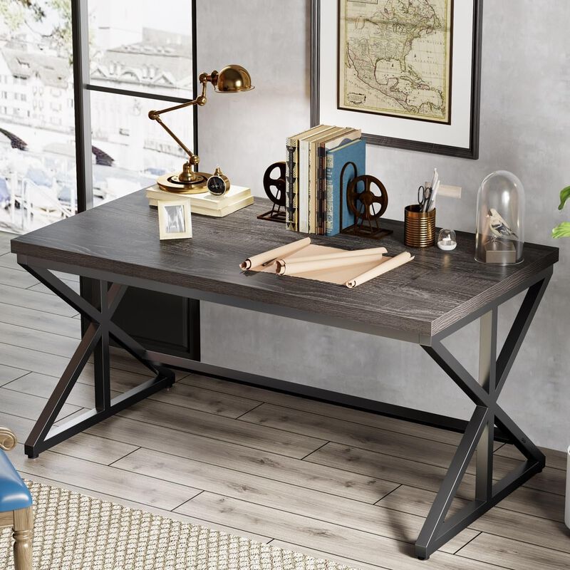 Top True Wood Computer Desk, Modern Writing Desk with Metal Frame for Home Office image number 1