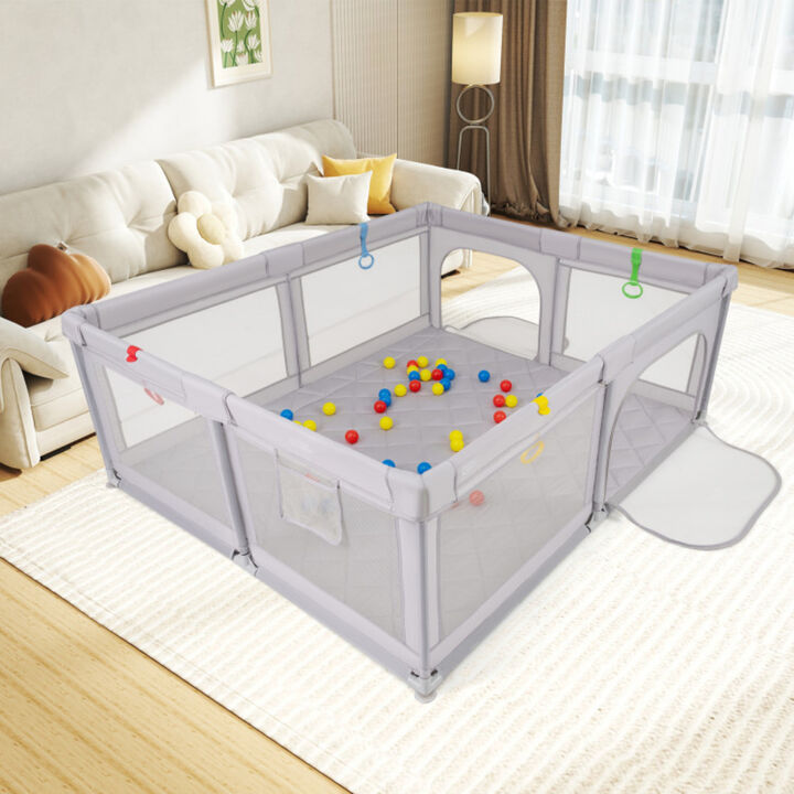 Large Infant Playpen, Activity Yard with Pull Rings & Ball Pit Balls-Gray