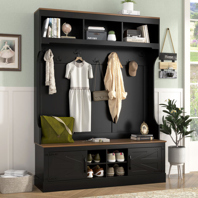 Merax All-in-One Entryway Storage Unit with Seating Bench, Coat Hooks & Shoe Rack image number 2