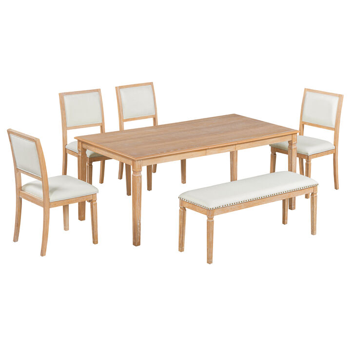 Whisen Vintage Extendable 6-Piece Dining Table Set with 4 Chairs, Bench and Retro Carved Legs