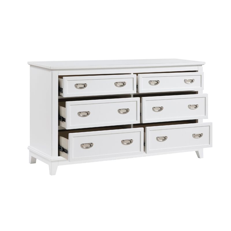 Sely Dresser, 55 Inch, 6 Drawers, White Wood, Nickel Ring Handles - Benzara