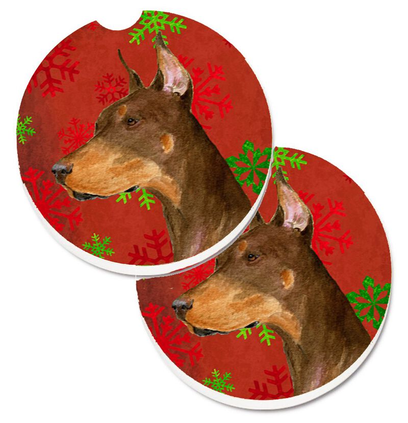 Caroline's Treasures Doberman Red & green Snowflakes Holiday Christmas Set of 2 Cup Holder Car Coasters SS4675CARC, 2.56, Multicolor image number 0