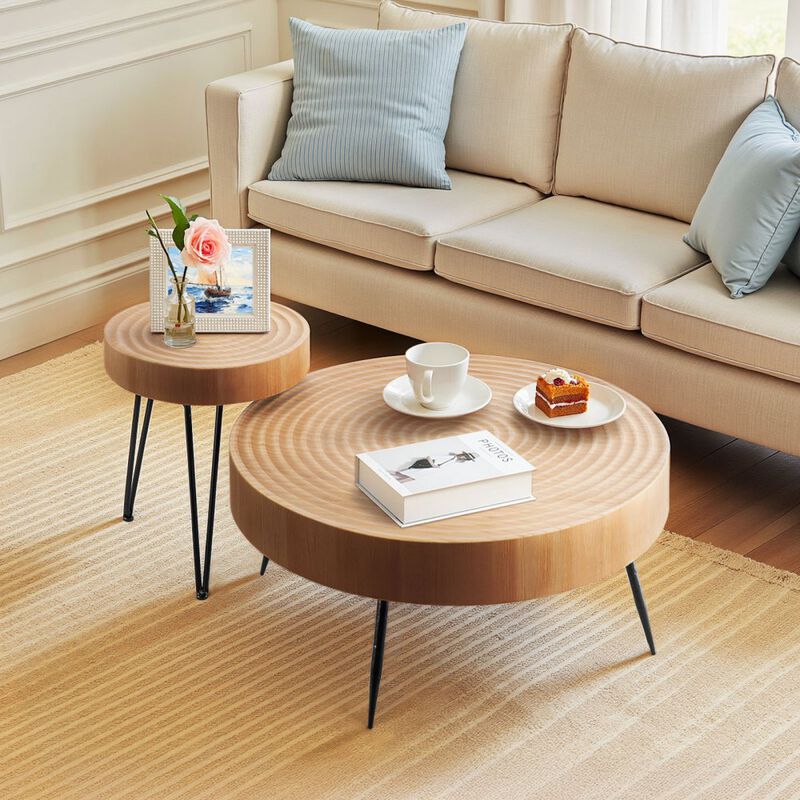 2-Piece Round Coffee Table Set with Living Room Table and Side Table image number 6