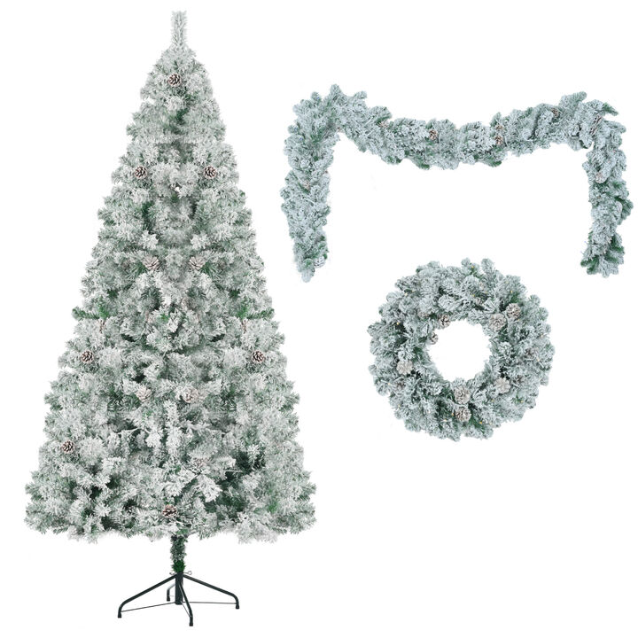 Whisen 6FT Snow Flocked Christmas Tree, Pre-Lit Set with Tree & Garland & Wreath, Artificial Hinged Xmas Tree with LED Lights, 8 Lighting Modes, Pine Cones