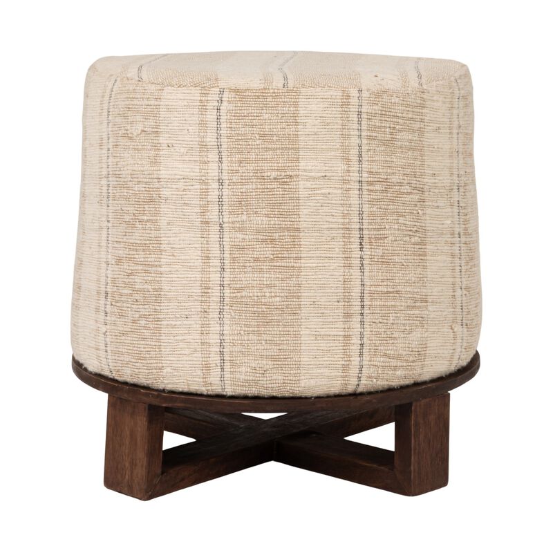 Cotton Woven Round Ottoman Stool in Striped Upholstery with Dark Wood Base image number 3