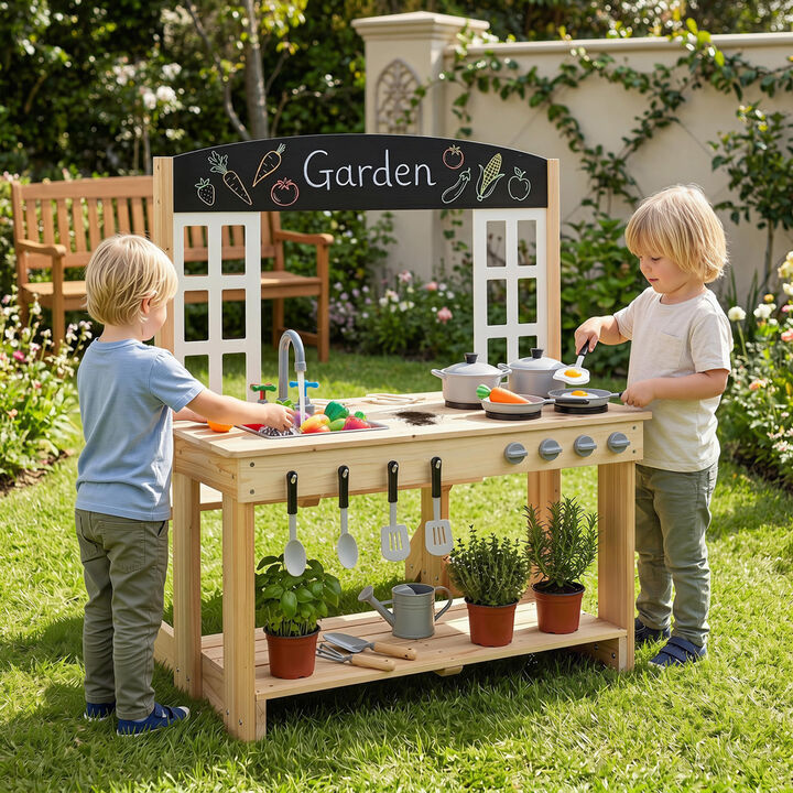 Kids Pretend Play Kitchen Set with Bench and Accessories