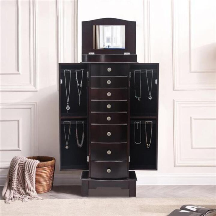 Jewelry Armoire with Mirror, 8 Drawers, 16 Necklace Hooks & 2 Side Swing Doors for Storage